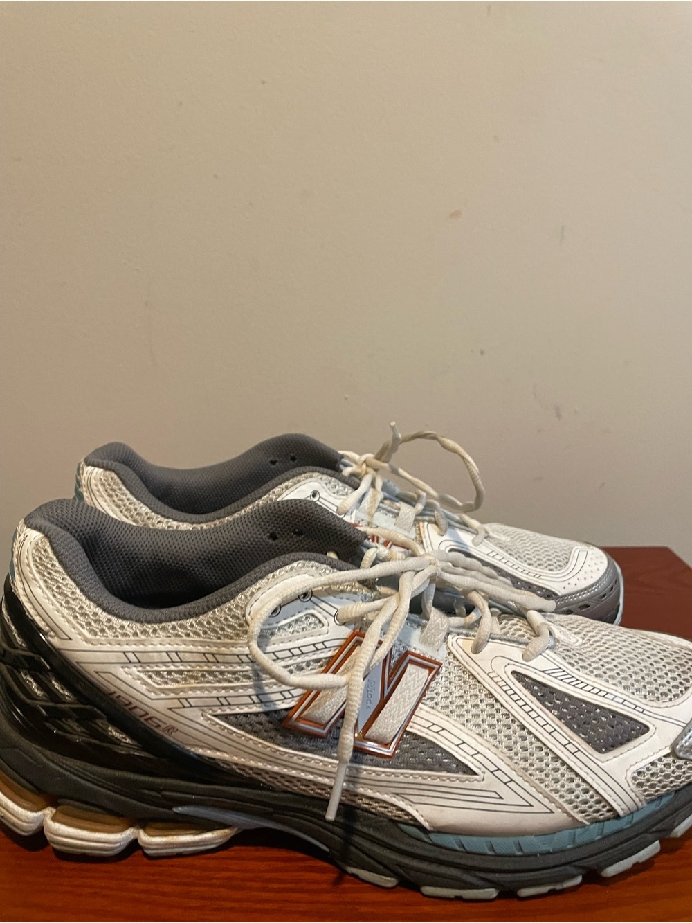 New Balance White Gray Black with Gold-Trim Running Sneakers - no box